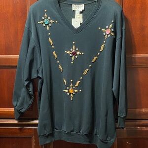 Carole Jean vintage Black V-Neck sweatshirt with Jewel Accents plus size 3X